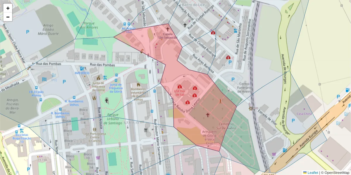 Mapa detalhado do código postal 3810-042 com limites, códigos postais vizinhos e agências dos correios