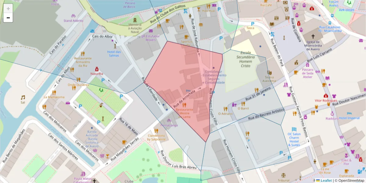 Mapa detalhado do código postal 3810-052 com limites, códigos postais vizinhos e agências dos correios