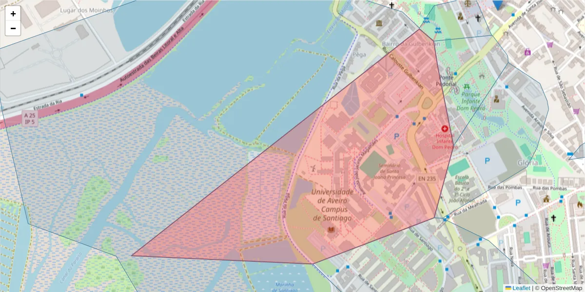Mapa detalhado do código postal 3810-074 com limites, códigos postais vizinhos e agências dos correios