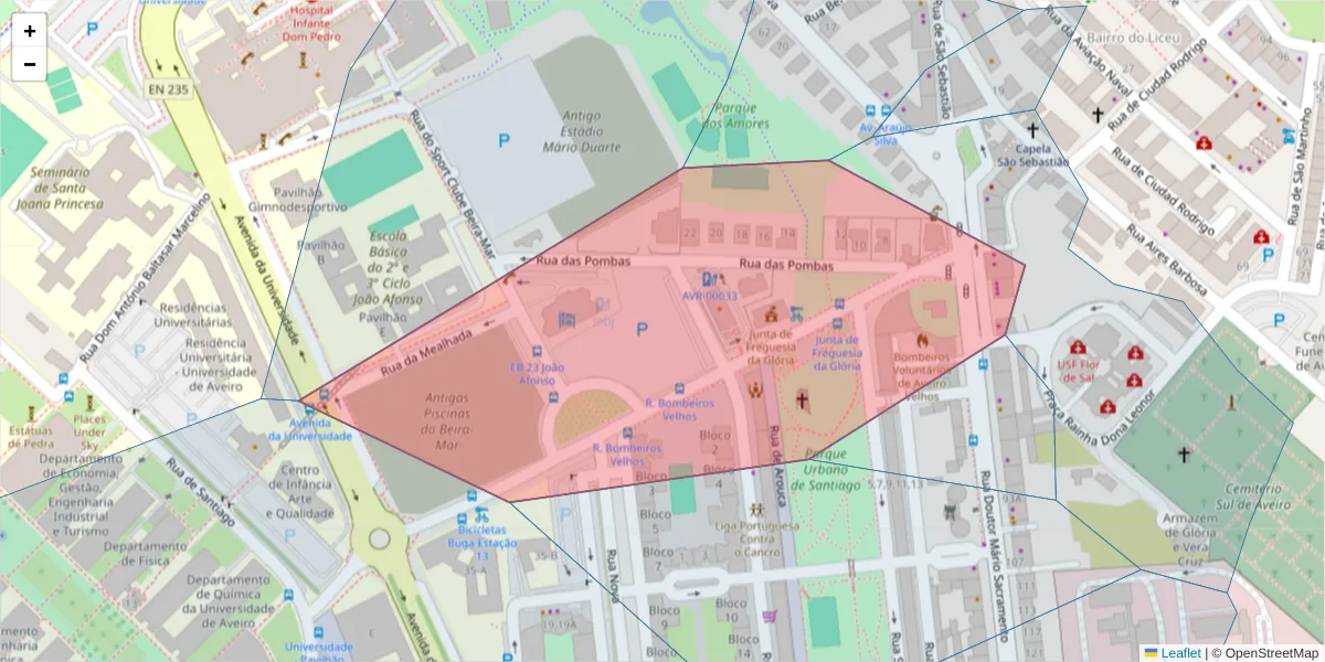 Mapa detalhado do código postal 3810-079 com limites, códigos postais vizinhos e agências dos correios