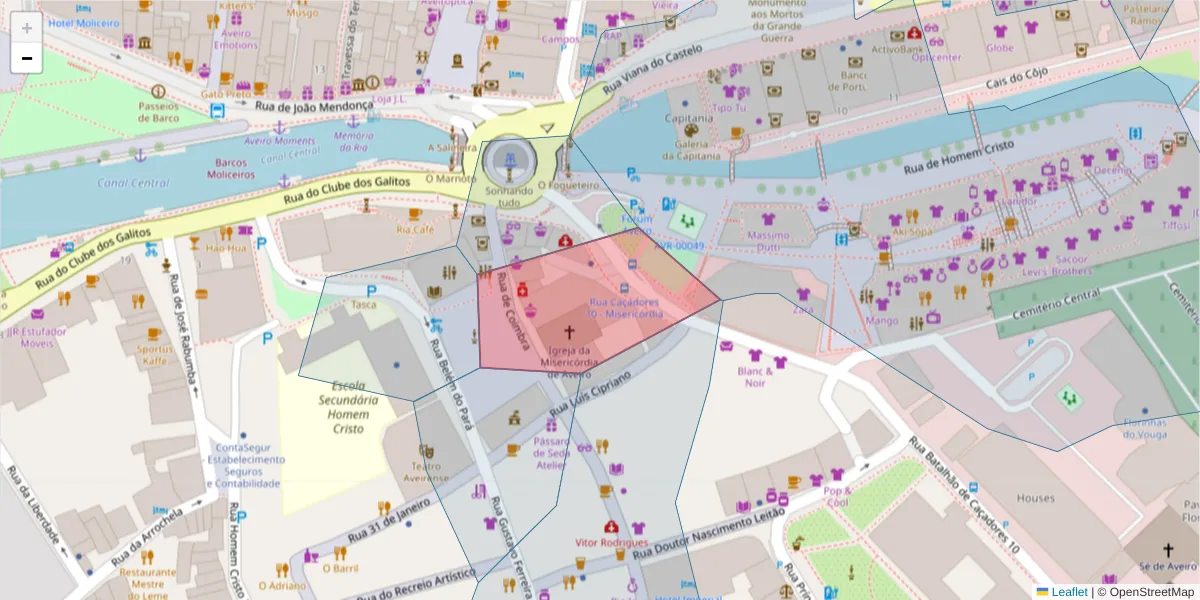 Mapa detalhado do código postal 3810-086 com limites, códigos postais vizinhos e agências dos correios
