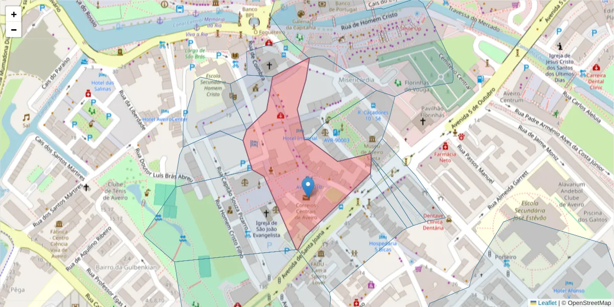 Mapa detalhado do código postal 3810-087 com limites, códigos postais vizinhos e agências dos correios