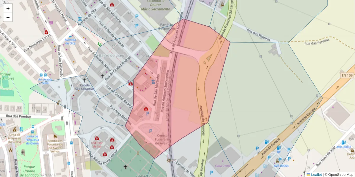 Mapa detalhado do código postal 3810-098 com limites, códigos postais vizinhos e agências dos correios