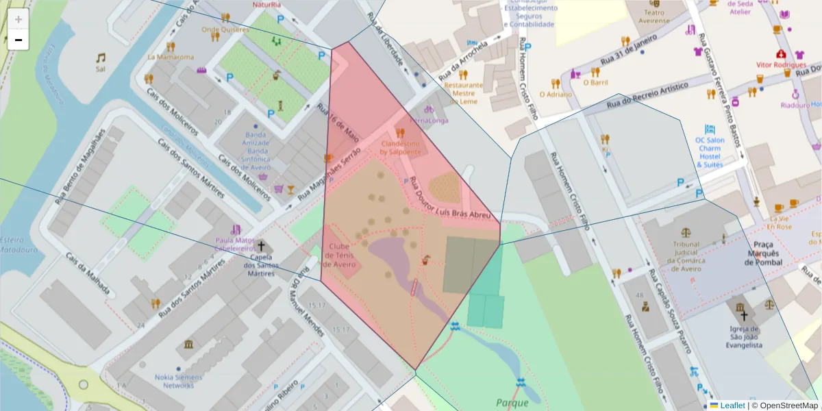 Mapa detalhado do código postal 3810-100 com limites, códigos postais vizinhos e agências dos correios