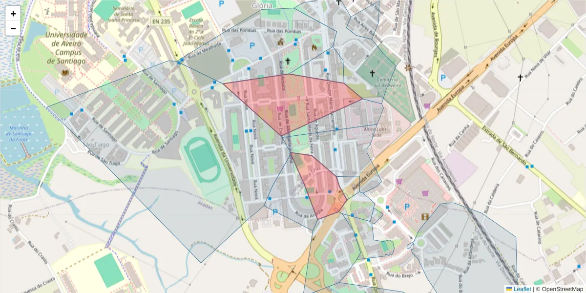 Mapa detalhado do código postal 3810-104 com limites, códigos postais vizinhos e agências dos correios