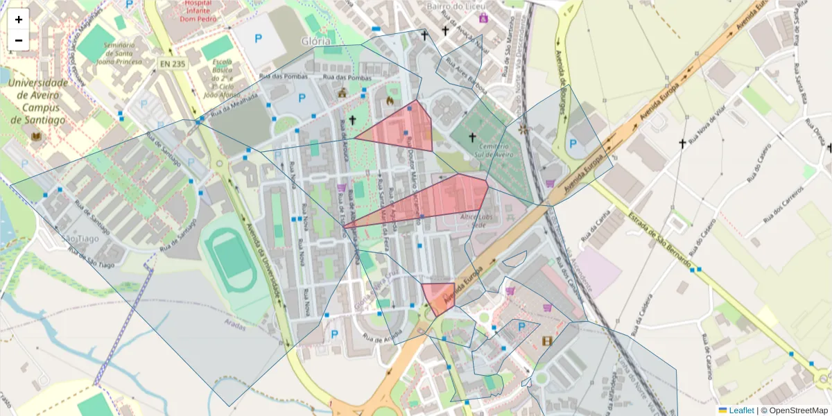 Mapa detalhado do código postal 3810-106 com limites, códigos postais vizinhos e agências dos correios