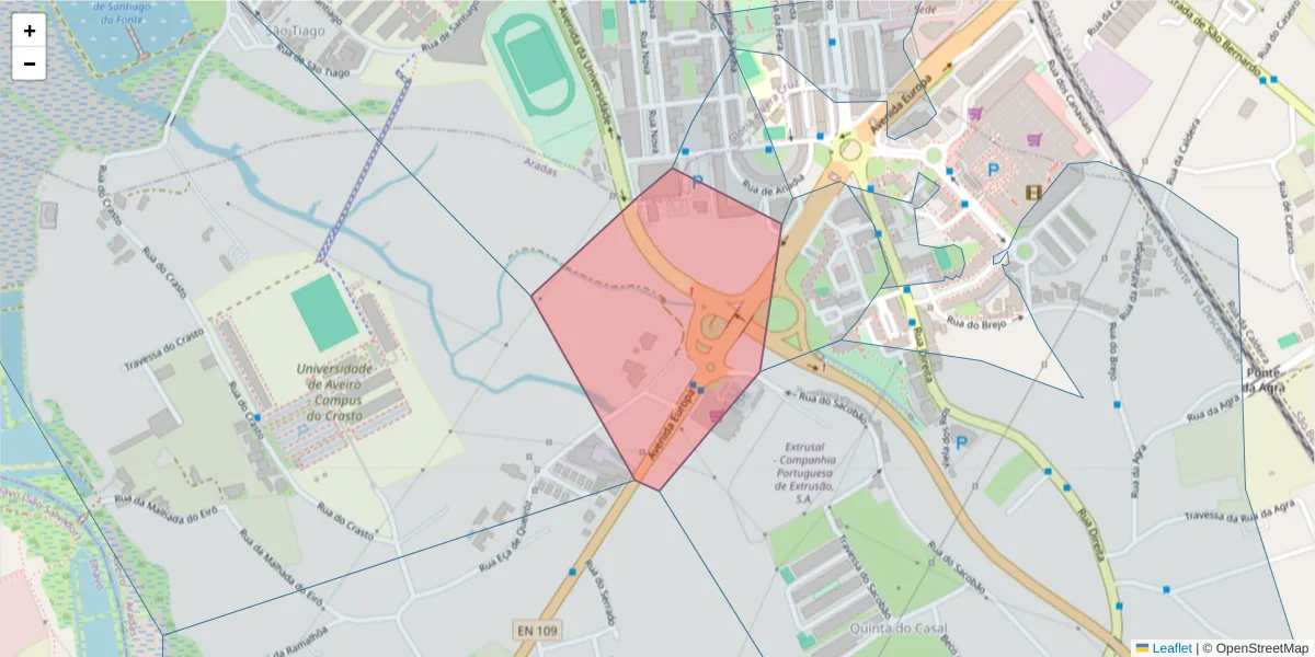 Mapa detalhado do código postal 3810-145 com limites, códigos postais vizinhos e agências dos correios