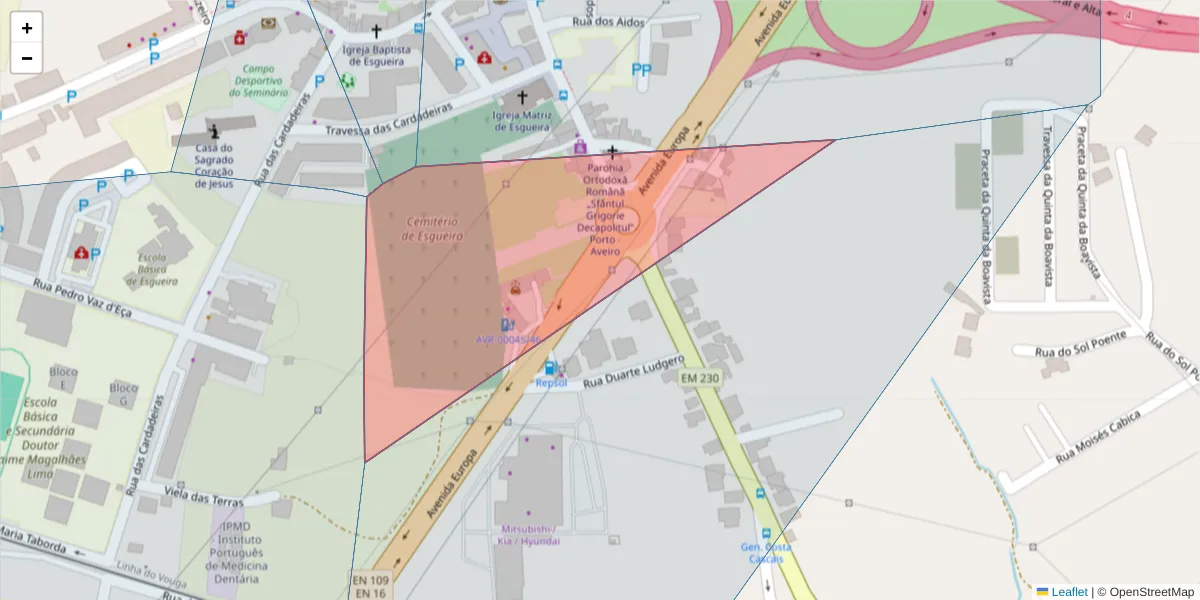 Mapa detalhado do código postal 3810-173 com limites, códigos postais vizinhos e agências dos correios