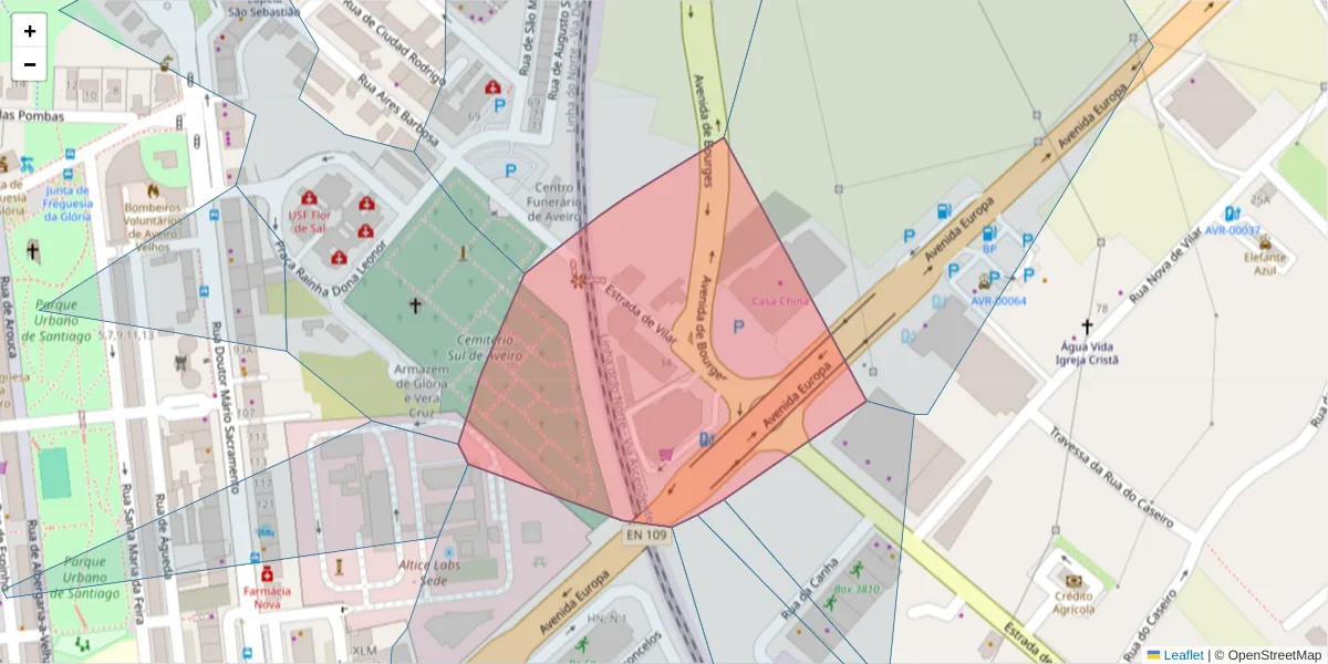 Mapa detalhado do código postal 3810-195 com limites, códigos postais vizinhos e agências dos correios