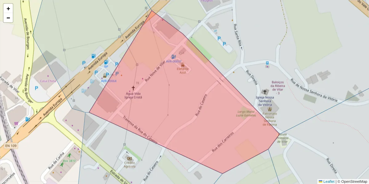 Mapa detalhado do código postal 3810-196 com limites, códigos postais vizinhos e agências dos correios