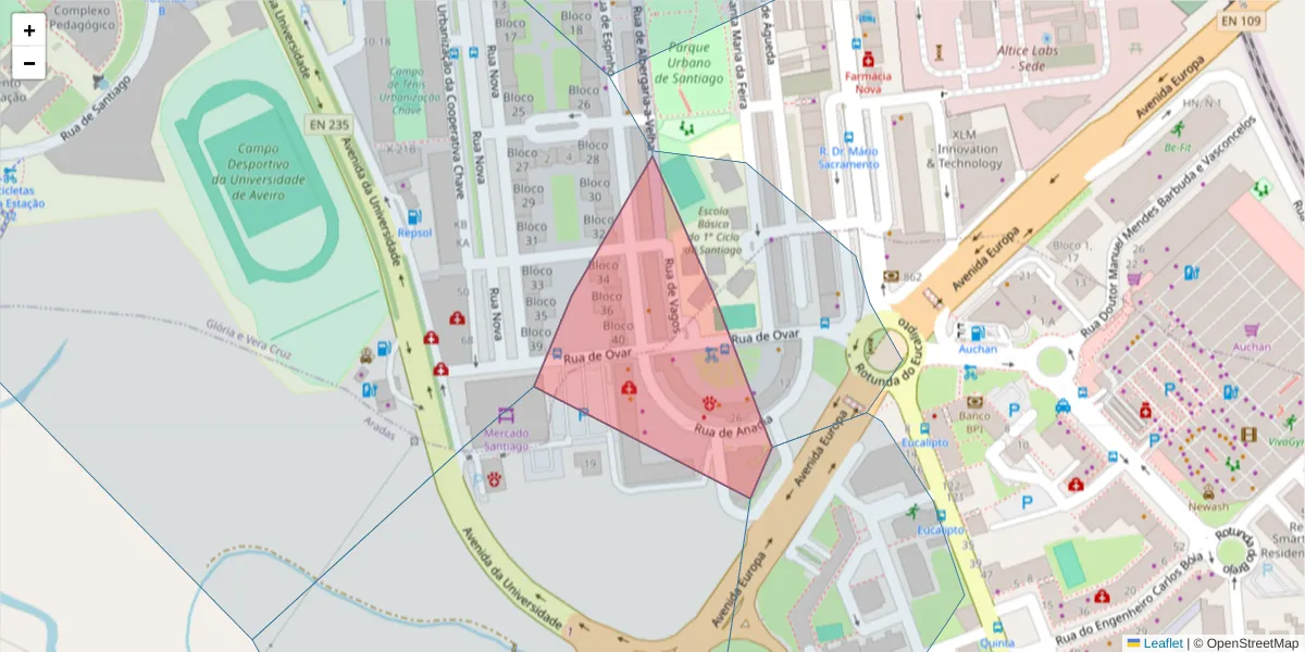 Mapa detalhado do código postal 3810-208 com limites, códigos postais vizinhos e agências dos correios
