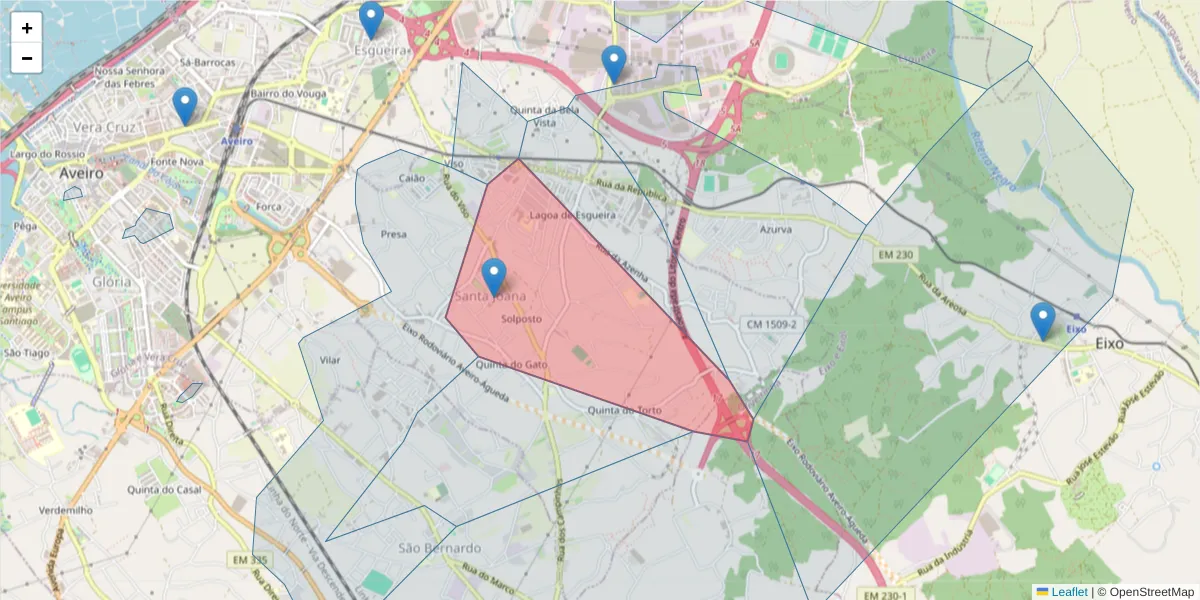 Mapa detalhado do código postal 3810-343 com limites, códigos postais vizinhos e agências dos correios