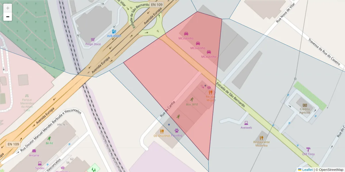 Mapa detalhado do código postal 3810-405 com limites, códigos postais vizinhos e agências dos correios