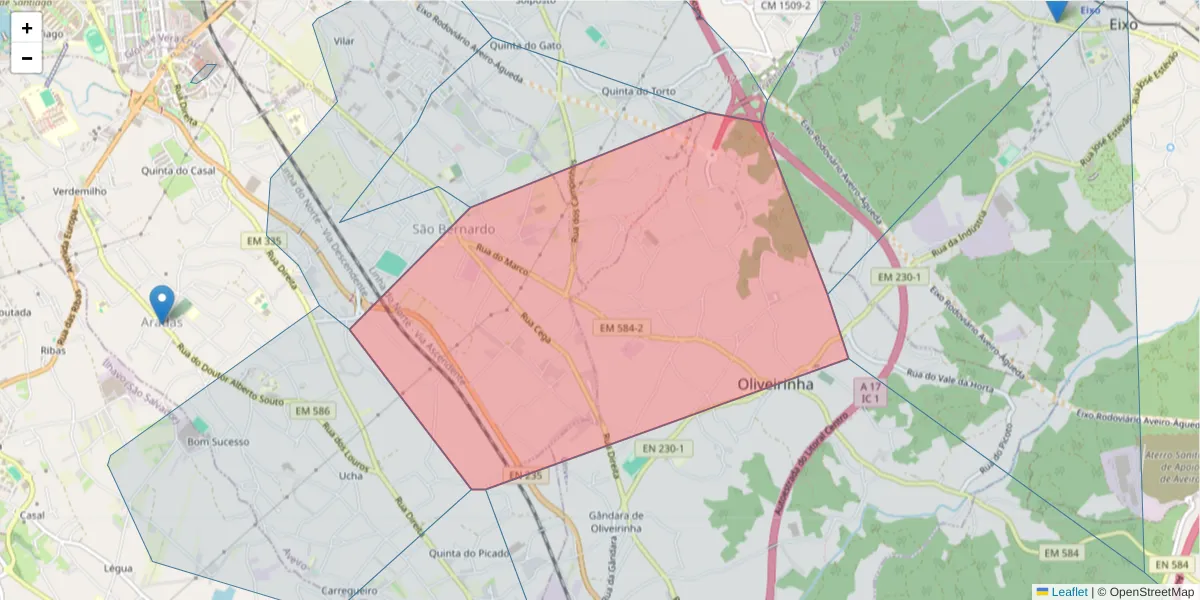 Mapa detalhado do código postal 3810132 com limites, códigos postais vizinhos e agências dos correios