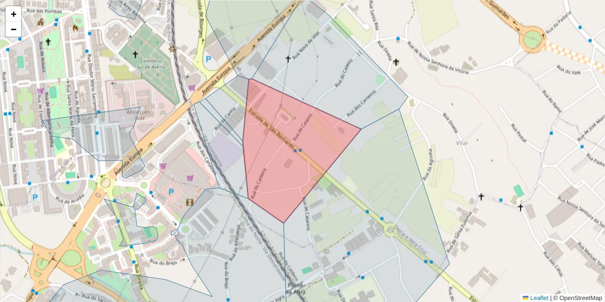 Mapa detalhado do código postal 3810164 com limites, códigos postais vizinhos e agências dos correios
