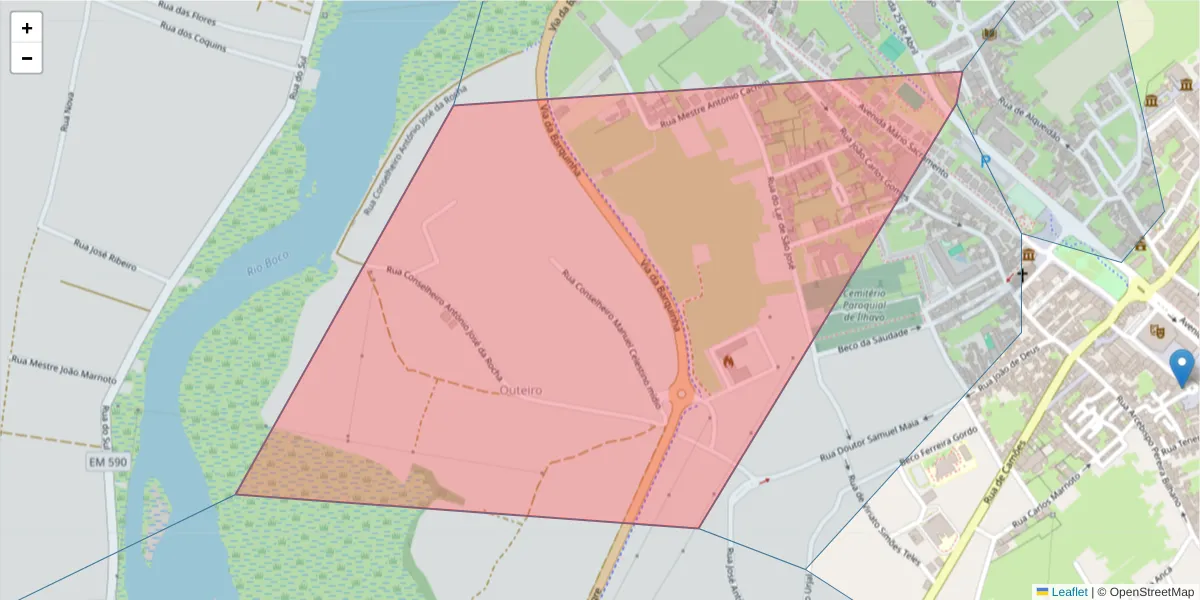 Mapa detalhado do código postal 3830-107 com limites, códigos postais vizinhos e agências dos correios