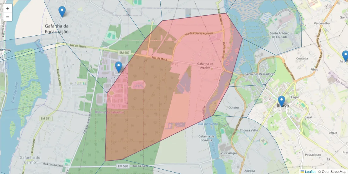Mapa detalhado do código postal 3830-142 com limites, códigos postais vizinhos e agências dos correios