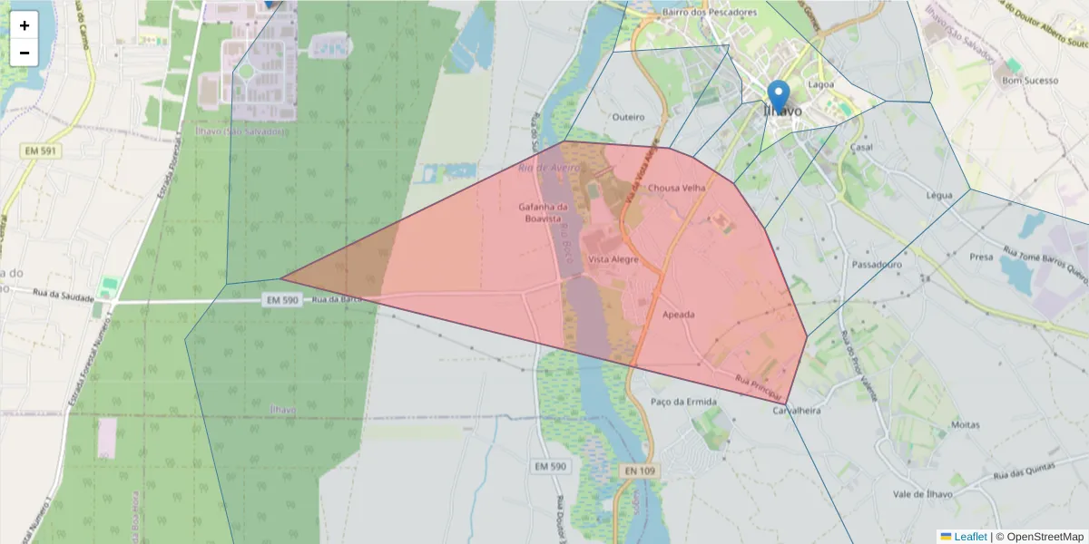 Mapa detalhado do código postal 3830-222 com limites, códigos postais vizinhos e agências dos correios