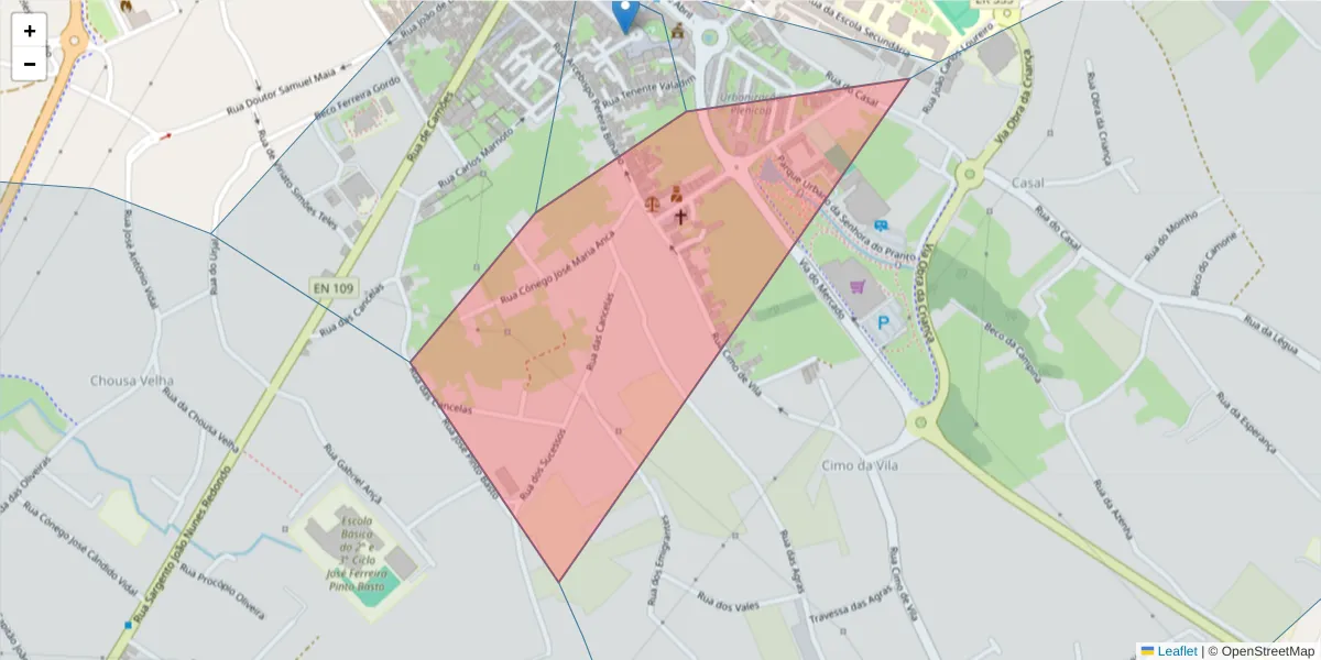 Mapa detalhado do código postal 3830-243 com limites, códigos postais vizinhos e agências dos correios