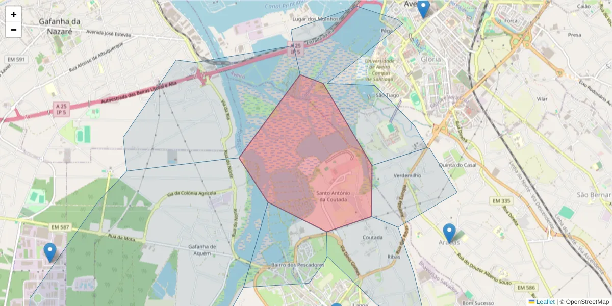 Mapa detalhado do código postal 3830-352 com limites, códigos postais vizinhos e agências dos correios