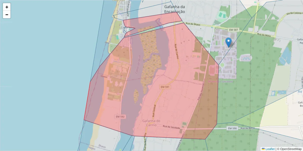 Mapa detalhado do código postal 3830-453 com limites, códigos postais vizinhos e agências dos correios