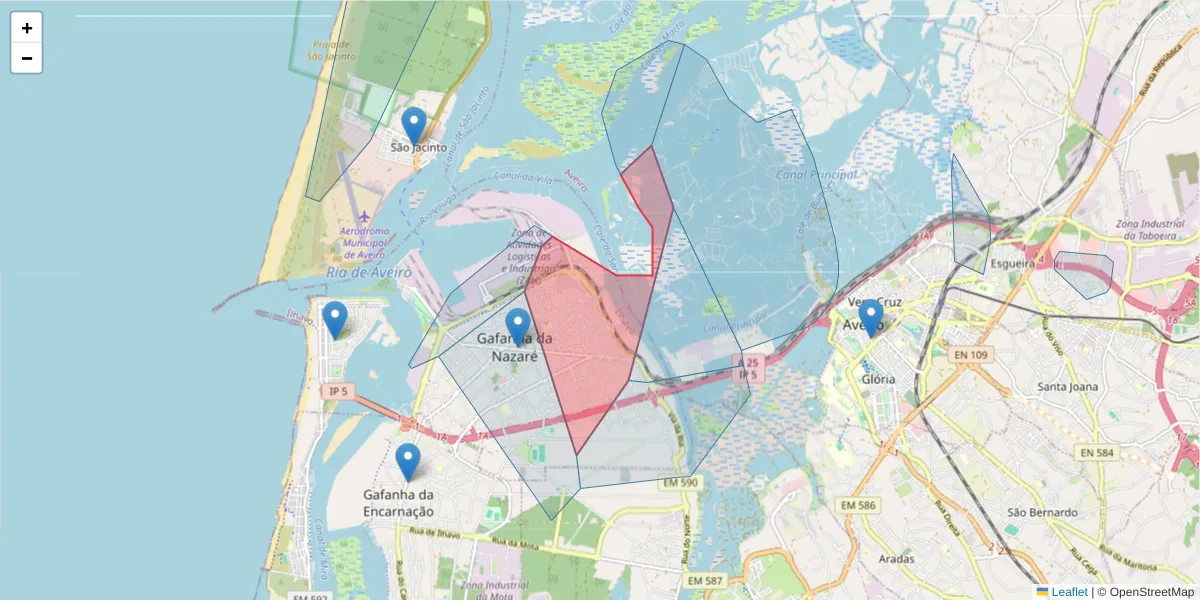 Mapa detalhado do código postal 3830-655 com limites, códigos postais vizinhos e agências dos correios