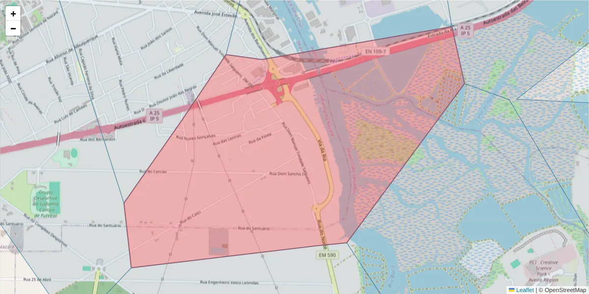 Mapa detalhado do código postal 3830-743 com limites, códigos postais vizinhos e agências dos correios