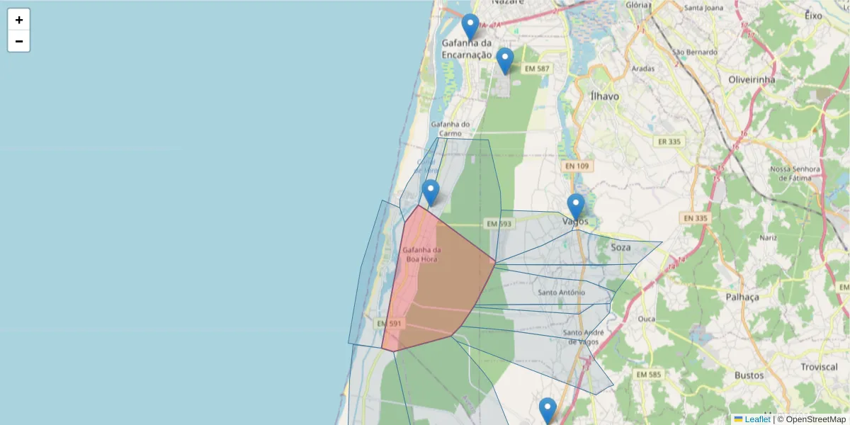 Mapa detalhado do código postal 3840-259 com limites, códigos postais vizinhos e agências dos correios