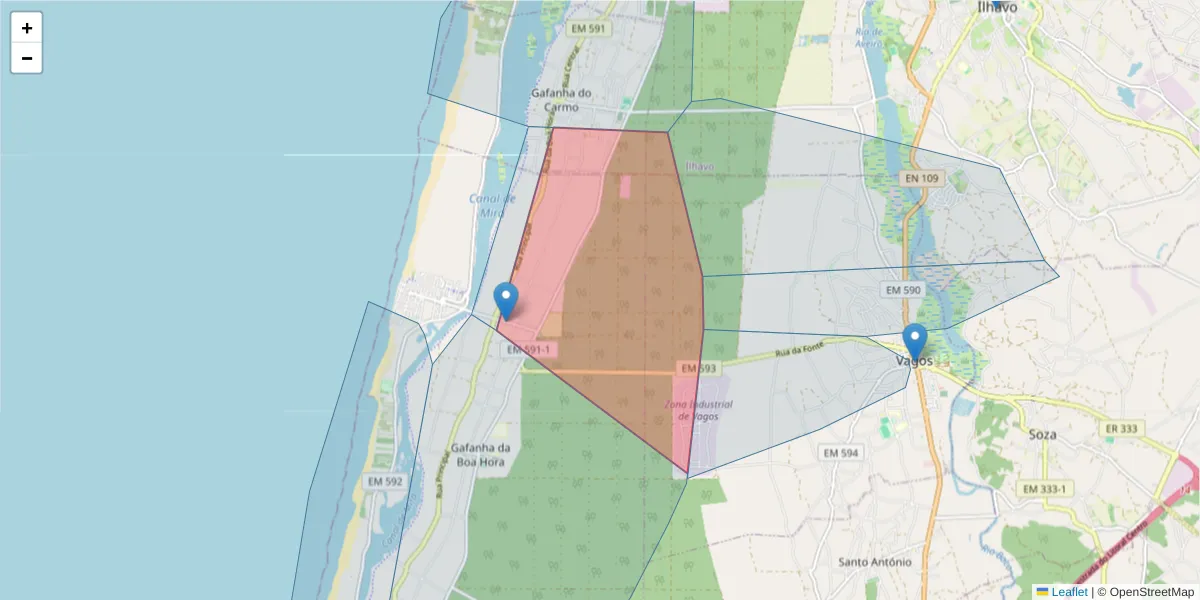 Mapa detalhado do código postal 3840-264 com limites, códigos postais vizinhos e agências dos correios