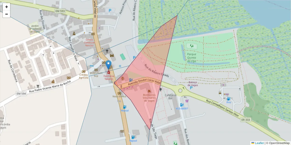 Mapa detalhado do código postal 3840-401 com limites, códigos postais vizinhos e agências dos correios