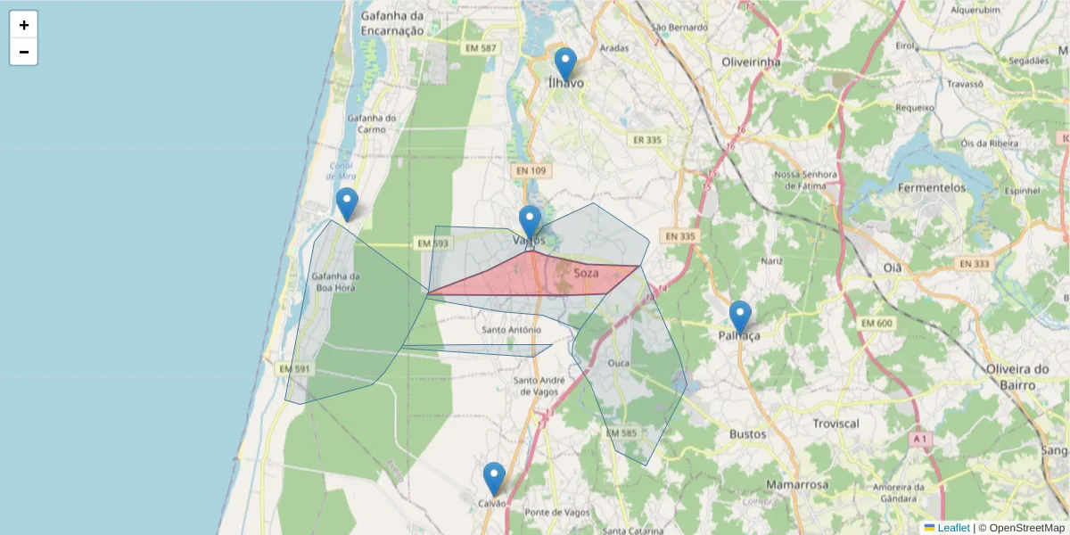 Mapa detalhado do código postal 3840-412 com limites, códigos postais vizinhos e agências dos correios