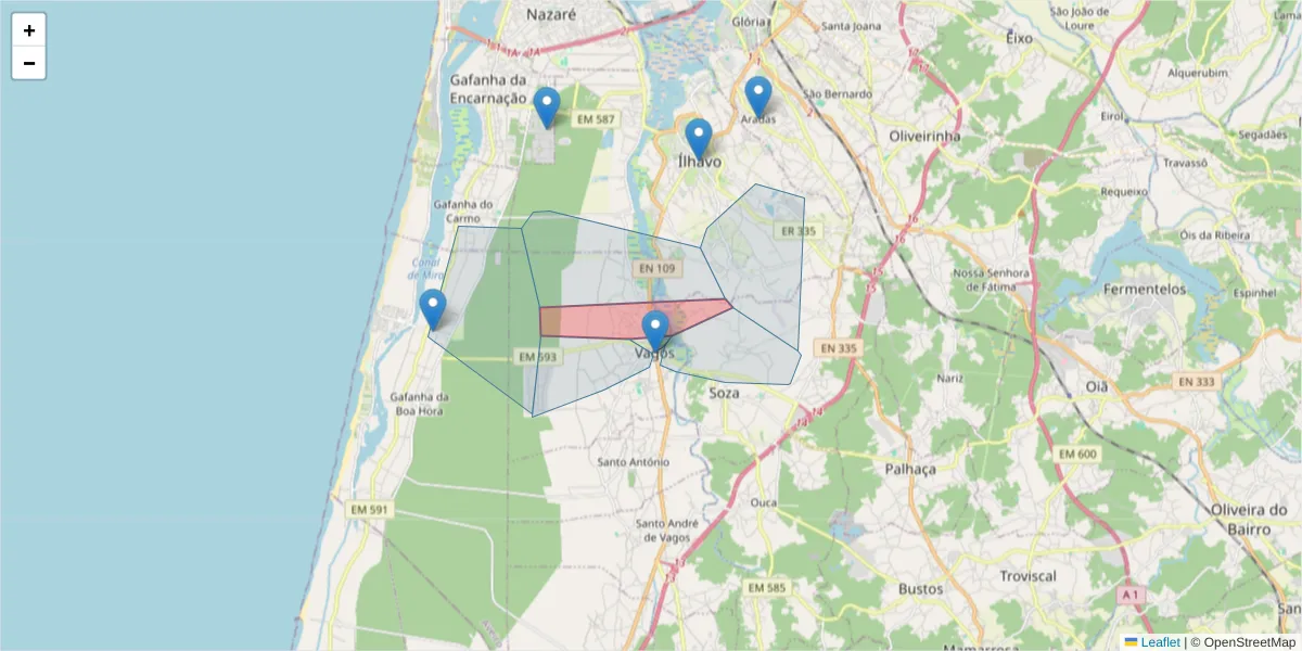 Mapa detalhado do código postal 3840-415 com limites, códigos postais vizinhos e agências dos correios