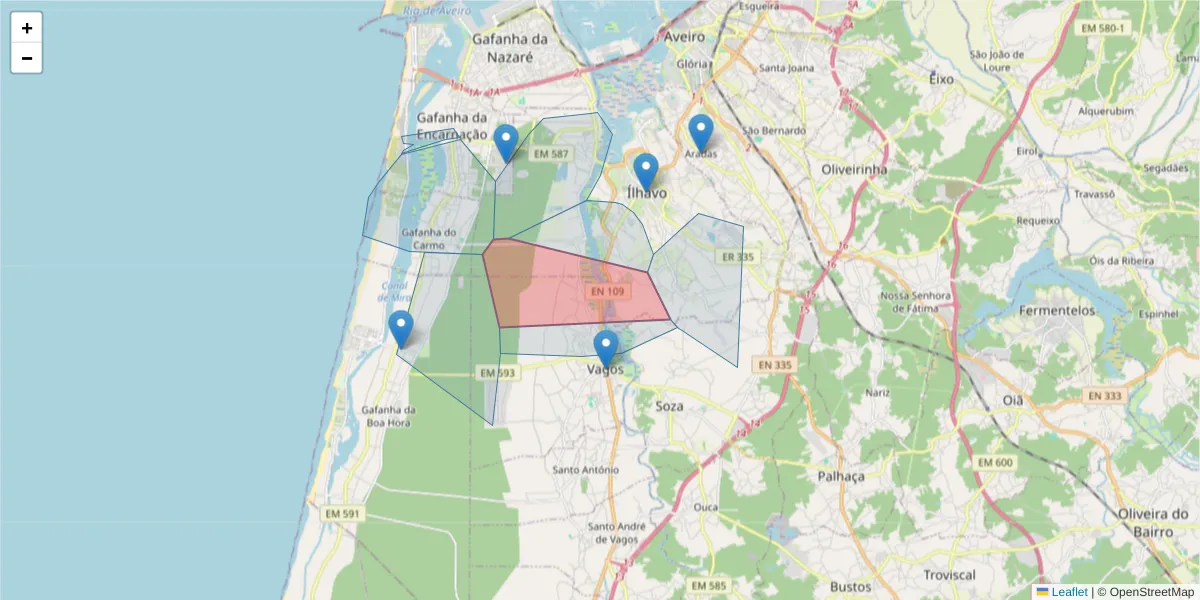 Mapa detalhado do código postal 3840-439 com limites, códigos postais vizinhos e agências dos correios