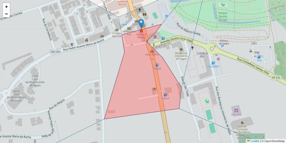 Mapa detalhado do código postal 3840-443 com limites, códigos postais vizinhos e agências dos correios