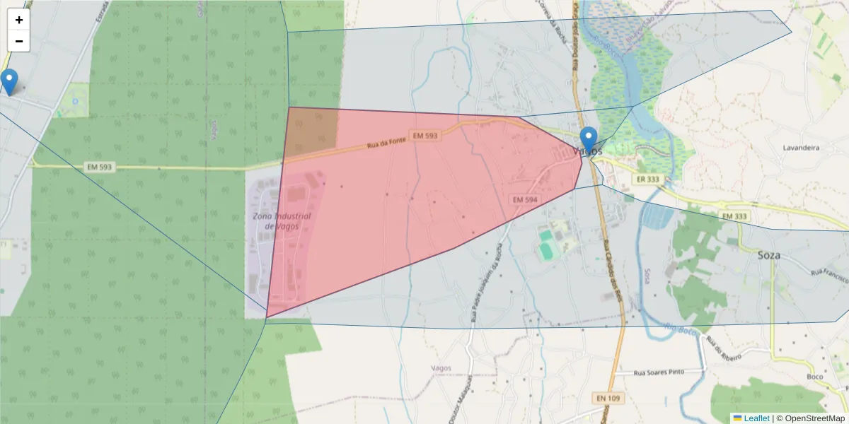 Mapa detalhado do código postal 3840-453 com limites, códigos postais vizinhos e agências dos correios