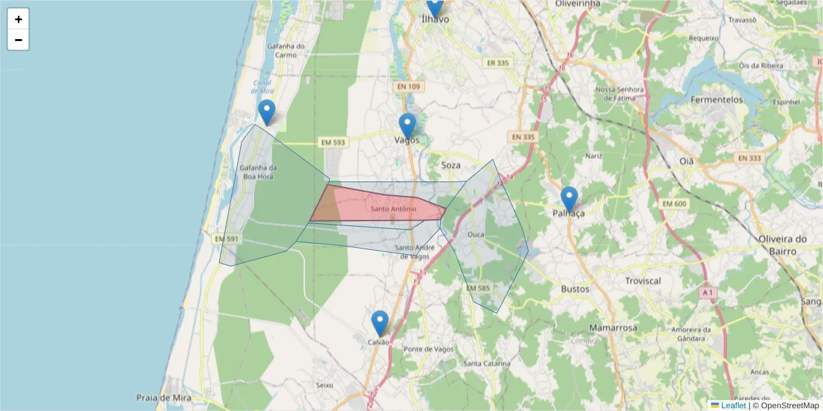 Mapa detalhado do código postal 3840-502 com limites, códigos postais vizinhos e agências dos correios