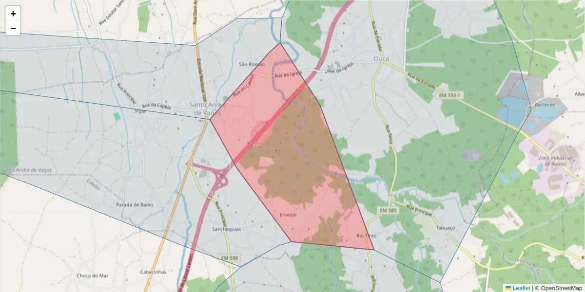 Mapa detalhado do código postal 3840-553 com limites, códigos postais vizinhos e agências dos correios