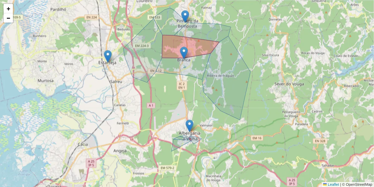 Mapa detalhado do código postal 3850-000 com limites, códigos postais vizinhos e agências dos correios