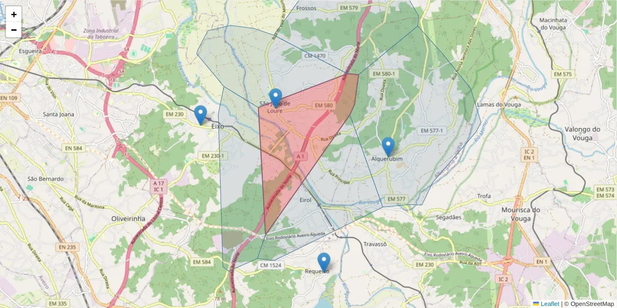 Mapa detalhado do código postal 3850-773 com limites, códigos postais vizinhos e agências dos correios
