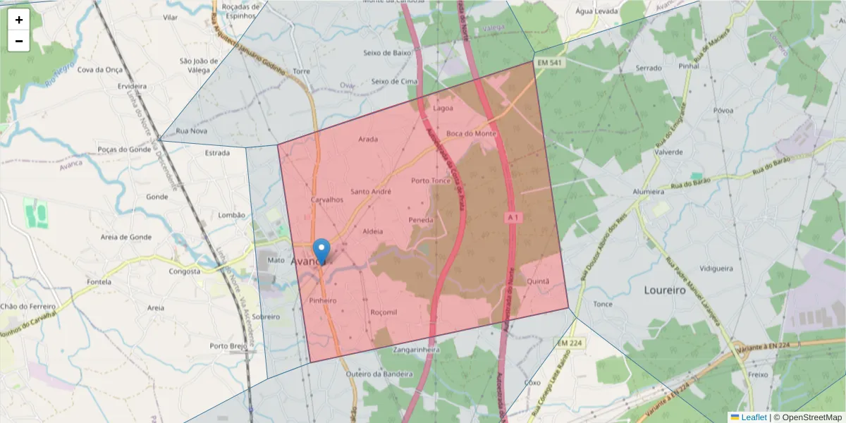 Mapa detalhado do código postal 3860-000 com limites, códigos postais vizinhos e agências dos correios