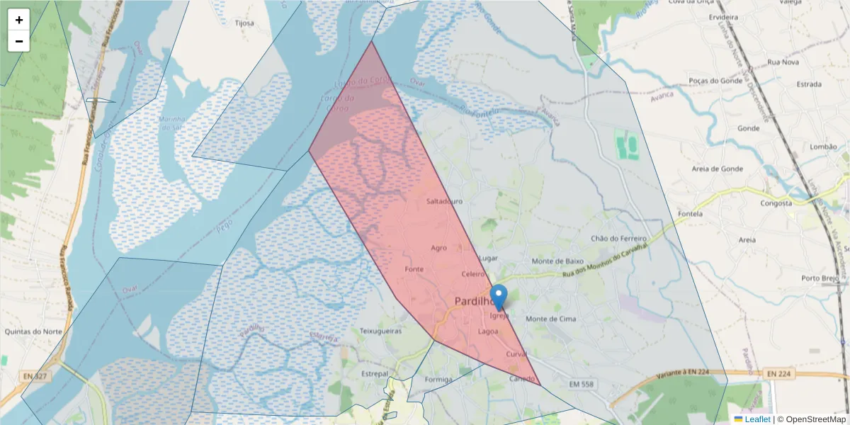 Mapa detalhado do código postal 3860-004 com limites, códigos postais vizinhos e agências dos correios