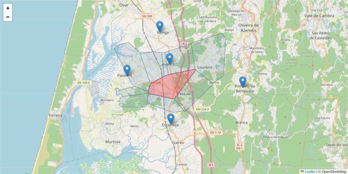 Mapa detalhado do código postal 3860-060 com limites, códigos postais vizinhos e agências dos correios