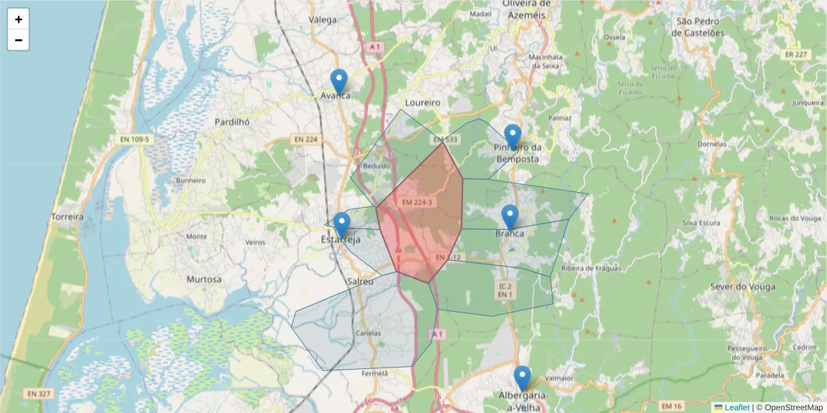 Mapa detalhado do código postal 3860-212 com limites, códigos postais vizinhos e agências dos correios