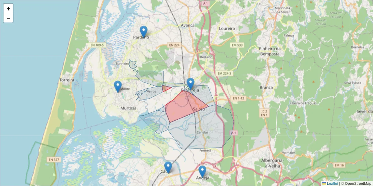 Mapa detalhado do código postal 3860-252 com limites, códigos postais vizinhos e agências dos correios