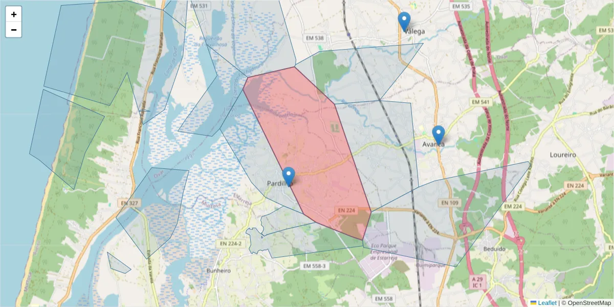 Mapa detalhado do código postal 3860 com limites, códigos postais vizinhos e agências dos correios