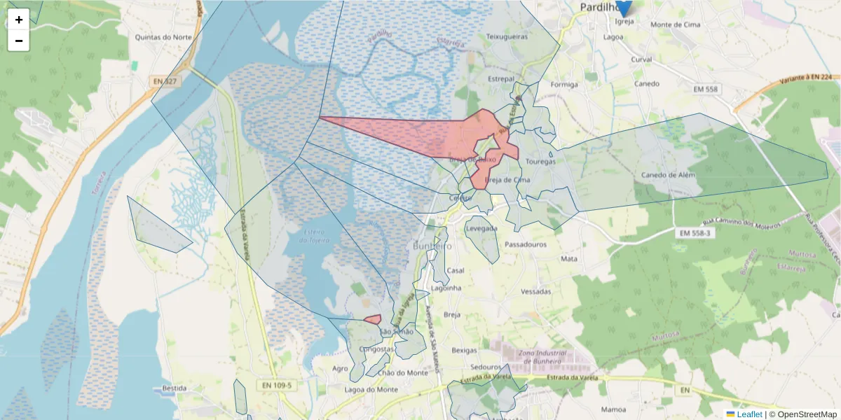 Mapa detalhado do código postal 3870-012 com limites, códigos postais vizinhos e agências dos correios