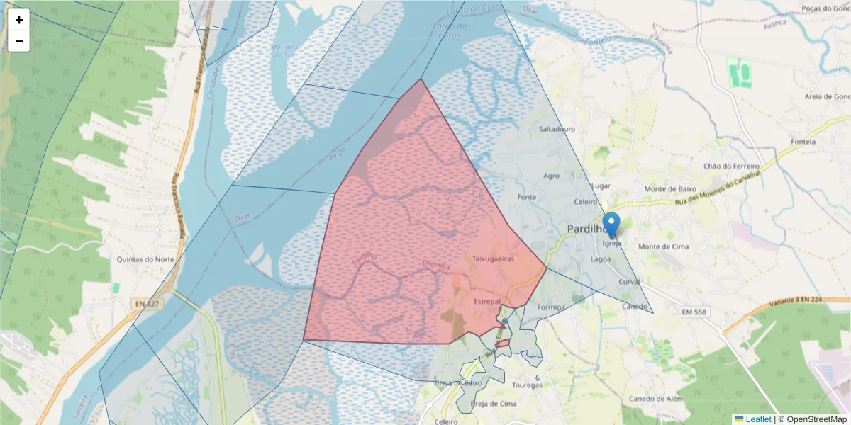 Mapa detalhado do código postal 3870-020 com limites, códigos postais vizinhos e agências dos correios