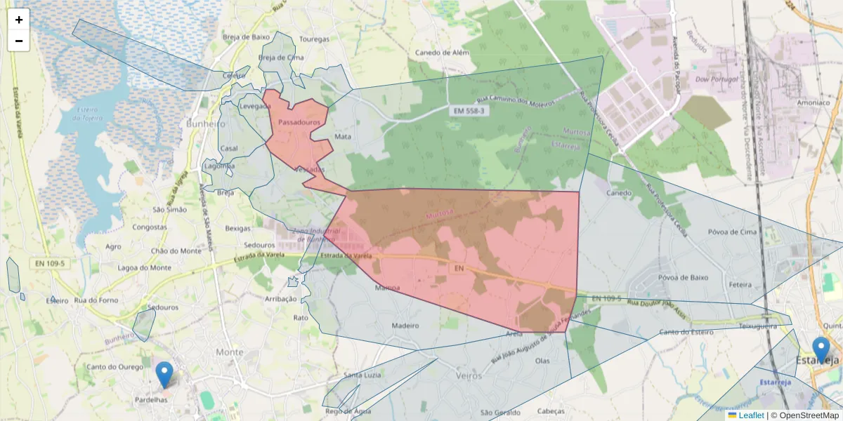 Mapa detalhado do código postal 3870-028 com limites, códigos postais vizinhos e agências dos correios