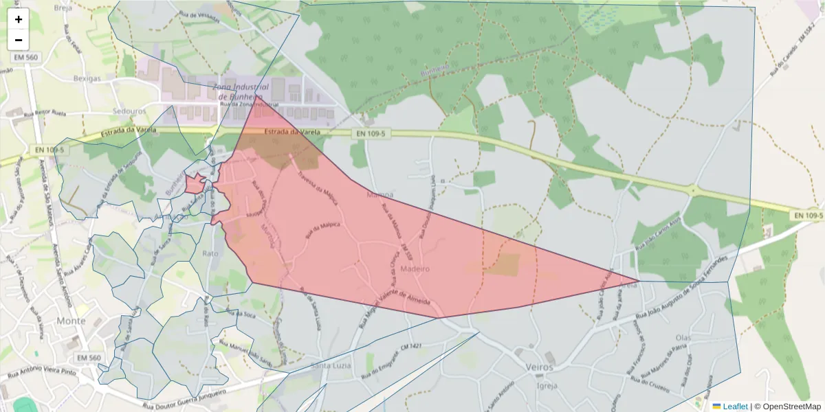 Mapa detalhado do código postal 3870-104 com limites, códigos postais vizinhos e agências dos correios