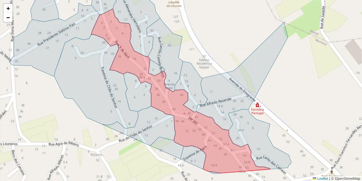 Mapa detalhado do código postal 3870-155 com limites, códigos postais vizinhos e agências dos correios